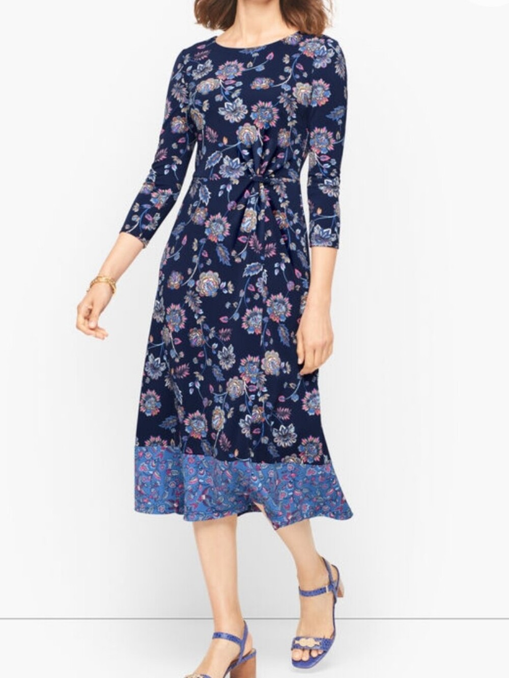 Talbots Twist Detail Jersey Midi Dress Dashing Foulard Blue Floral Stretchy 18W